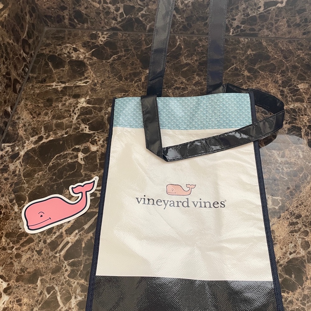 Vineyard Vines Cream Tote with Pink Whale and Navy Trim